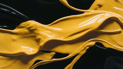 Close-up view of bright yellow flowing paint on black background