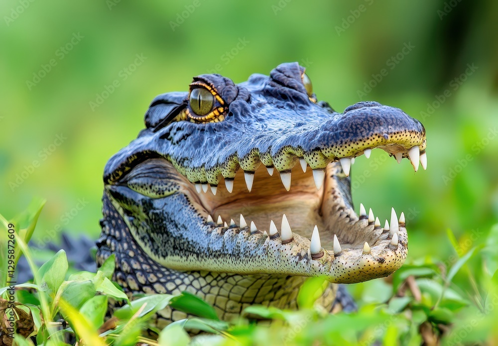 Poster close-up of a large crocodile with sharp teeth and an intimidating expression surrounded by lush gre