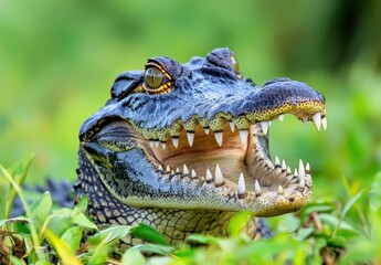 Fototapeta premium Close-up of a Large Crocodile with Sharp Teeth and an Intimidating Expression Surrounded by Lush Greenery in Its Natural Habitat