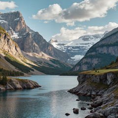 Obraz premium Majestic mountains reflecting in tranquil lake, nature's serenity