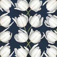 Top view of row of white tulip flowers isolated on blue