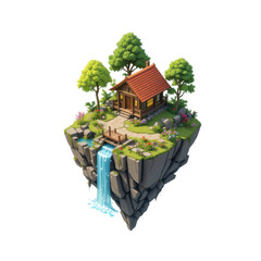 Enchanting Floating Island with Cozy Cabin, Lush Greenery, and Cascading Waterfall in a Fantasy Landscape