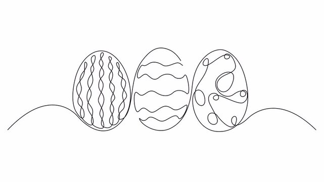 Animated egg line art. Continuous one line self drawing animation of three eggs. 4k video, alpha channel.