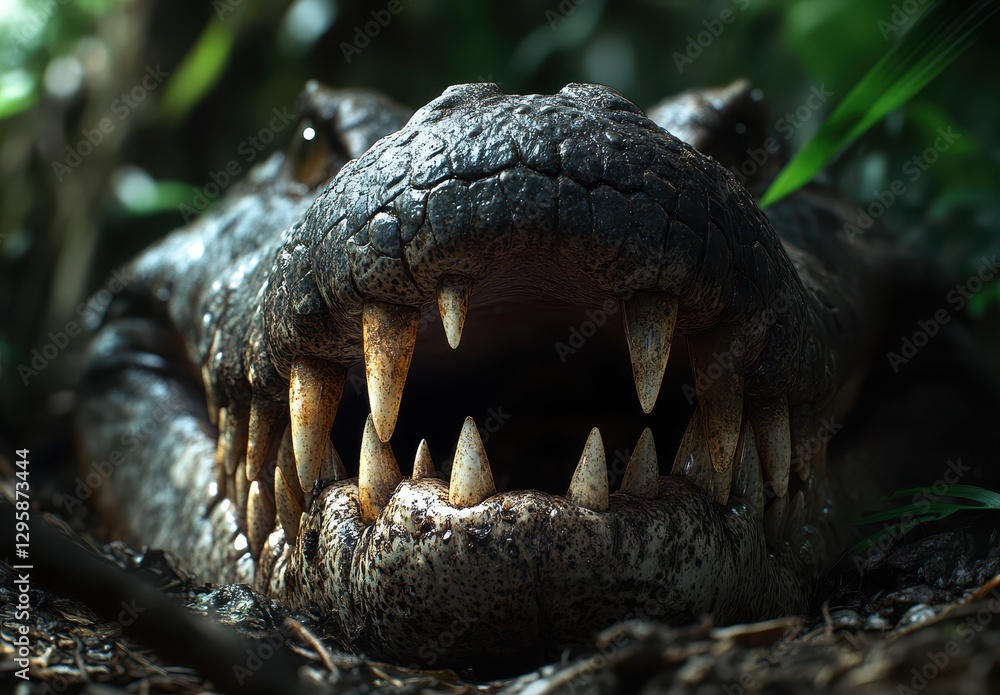 Poster close-up of a large reptile in dense jungle with sharp teeth and textured skin, captured in natural 