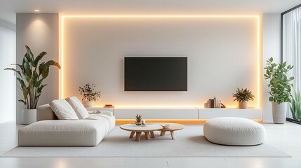 Minimalist living room interior with white sofa, coffee table, TV, and plants.
