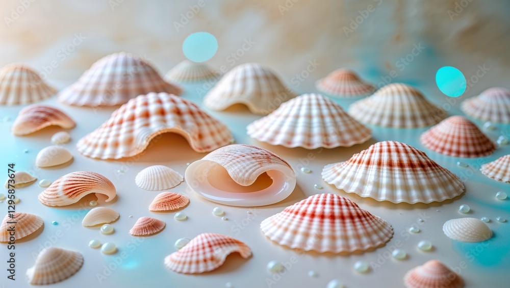 Poster colorful seashells arranged artistically on a surface, showcasing intricate patterns and textures du