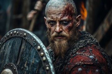 Rugged warrior prepares for battle in a historic village setting with vivid details at dawn