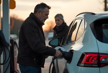 Happy man charging his electric car at a modern EV charging station wearing casual jacket and smiling outdoors