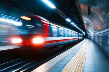 Blurred train speeding through underground subway station.