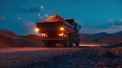 A large dump truck carrying cargo on a gravel desert road