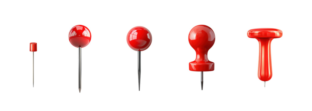 Assorted Red Push Pins on Transparent Background for Office Use