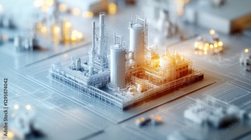 Poster large industrial factory complex with multiple buildings and structures in the background