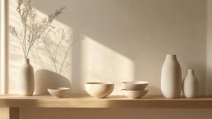 modern home decor featuring minimalistic ceramic vases and bowls, arranged on sleek wooden shelves, with soft natural lighting.