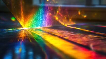 sunlight passing through a glass prism, scattering into a vivid rainbow of colors, with intricate reflections on nearby surfaces. 