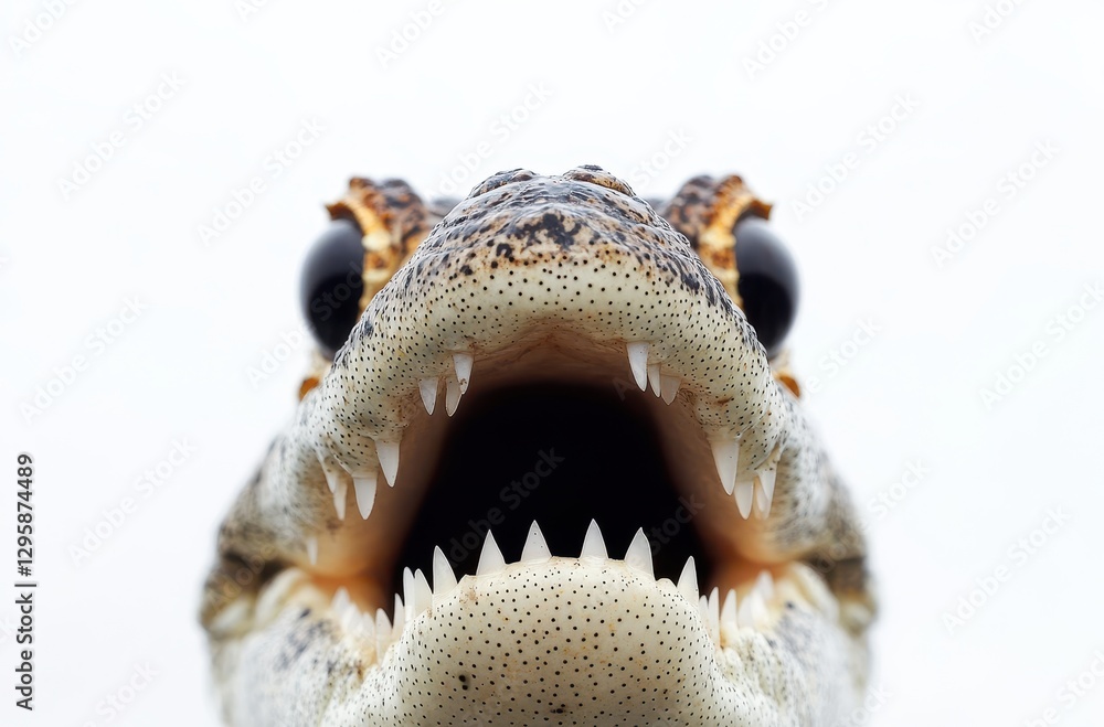 Poster close-up of a lizard with sharp teeth and unique skin texture against a neutral background, capturin