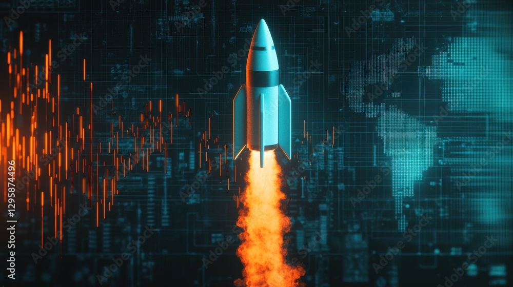 Poster rocket launching into space over digital background with data waves