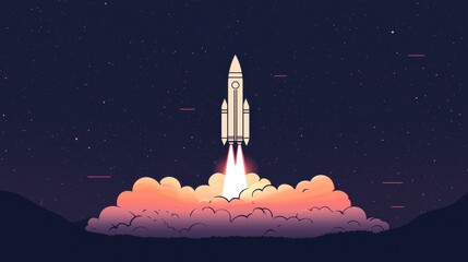 Obraz premium Rocket Launching into the Night Sky with Colorful Clouds Below