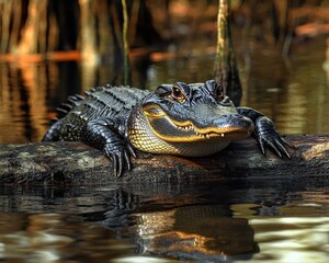 Fototapeta premium Close-up of a Lizard Sunbathing on a Log in a Wetland Environment Surrounded by Murky Water and Vegetation During Early Morning Light