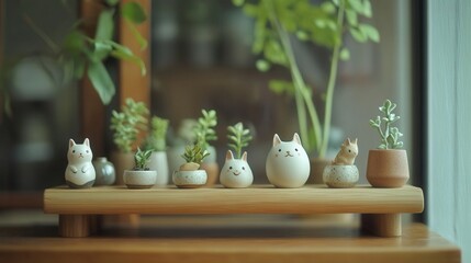 tiny ceramic figurines of animals and plants, delicately crafted and displayed on a small wooden shelf, with a cozy aesthetic. 