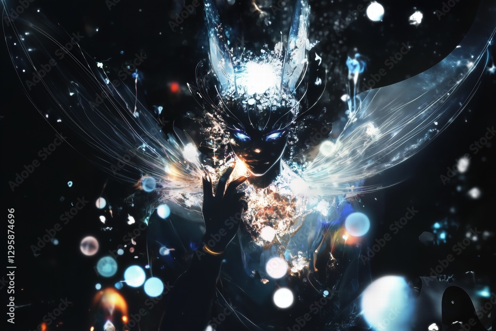 Poster a mystical figure with ethereal wings and glowing blue eyes, surrounded by sparkling particles and a