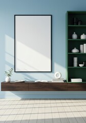 Fototapeta premium Home Frame mockup. Living room wall blank poster mock up. Interior mock-up with house background. Modern interior design. 3D render