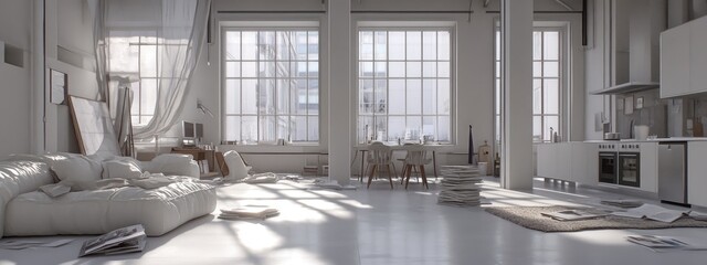 Obraz premium Bright, airy loft space, sunlit, with city view