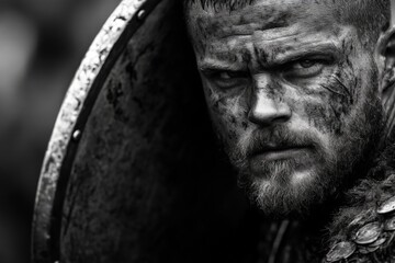 Warrior in battle armor displays intense expression during reenactment event in autumn