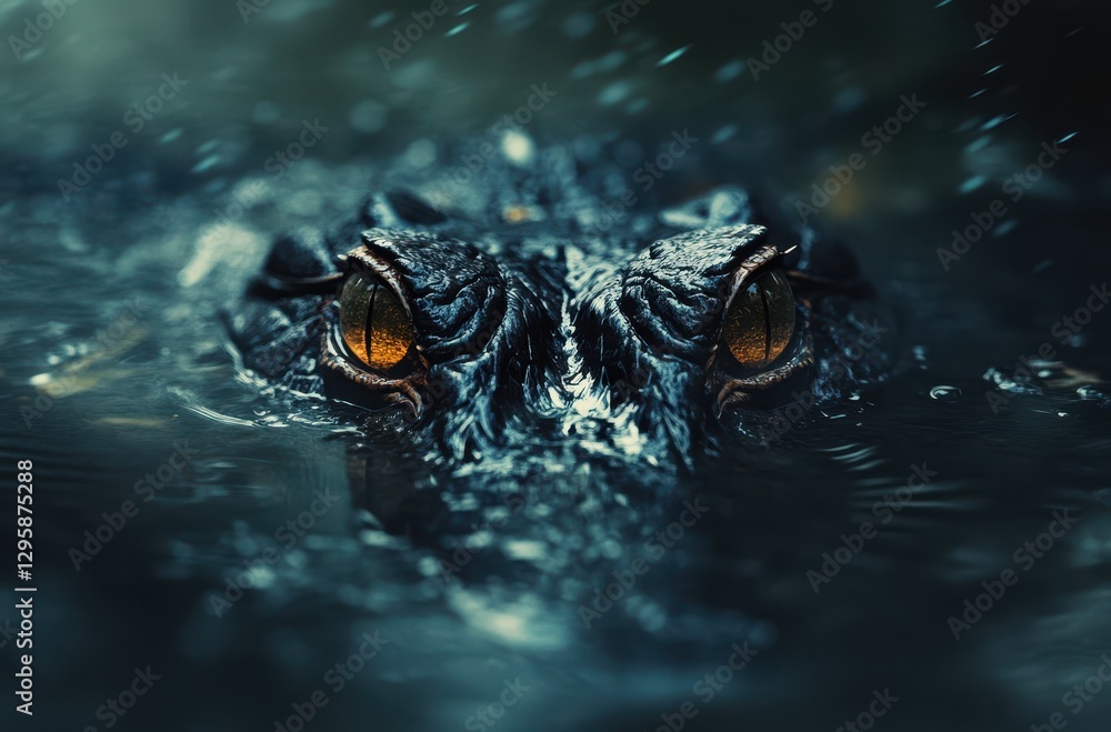 Fototapete close-up of a lurking alligator gliding through murky waters with intense eyes and wet scales captur