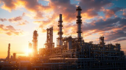 Large oil refinery complex with extensive network of pipes and industrial structures under clear blue sky