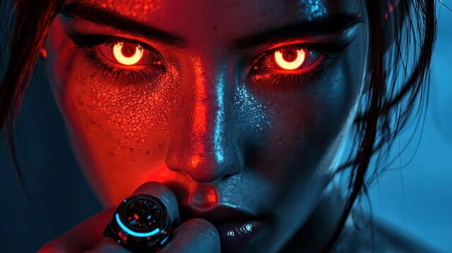 Female cyborg with glowing eyes and tech ring in a futuristic portrait, Female cyborg portrait glow tech ring