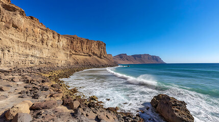 Ocean Waves Crashing Against Rocks Under Clear Blue Sky