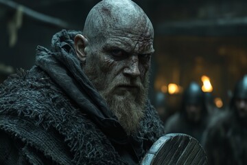 Intense warrior preparing for battle in a dimly lit ancient hall with fellow soldiers nearby