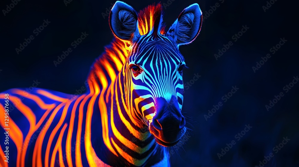 Poster striking close-up of a zebra in its natural habitat, displaying the intriguing patterns of its black