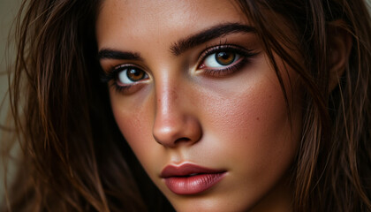 Fototapeta premium Stunning close up portrait of woman with expressive eyes and natural beauty