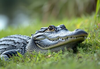 Fototapeta premium Close-Up of a Lying Alligator on Grass Surrounded by Nature Showcasing its Textured Skin and Detailed Features Under Natural Lighting