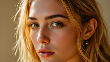 Her luminous complexion seems to radiate warmth and beauty