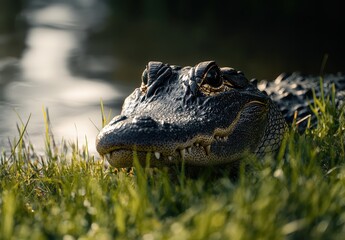 Fototapeta premium Close-Up of a Lying Alligator on Green Grass Near Water Highlighting Textures and Details of its Skin and Surrounding Nature in Soft Natural Lighting