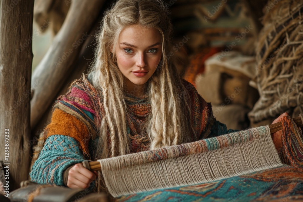 Poster crafting intricate textiles in a cozy setting surrounded by natural materials during the daytime