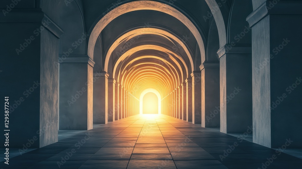 Aufkleber serene pathway with arched architecture leading to a bright light in an enigmatic environment