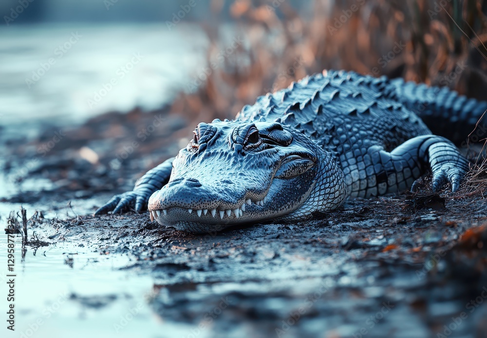 Poster close-up of a lying crocodile on the shoreline with reflection in water surrounded by vegetation and
