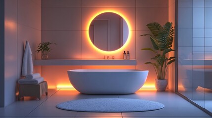 Modern bathroom interior with freestanding tub, illuminated mirror, and plants.