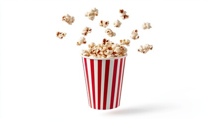 Popcorn bursting from a red and white striped container isolated on white background for cinema and snack themes