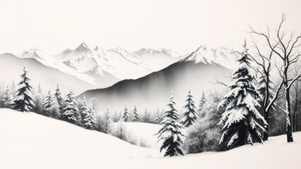Obraz premium Crisp Winter Landscape in Ink Painting with Snow Covered Trees and Mountains
