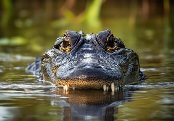Fototapeta premium Close-Up of a Majestic Alligator Emerging from Calm Water Surrounded by Lush Greenery at Sunset, Showcasing Sharp Teeth and Intense Eyes