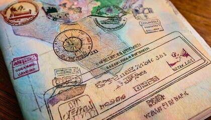 Fototapeta premium Close-Up of a Passport with Travel Stamps, Showing Intricate Details of the Stamps and the Textures
