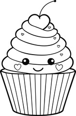 Smiling Cupcake Coloring Page Vector Illustration with Cherry on Top - Fun and Engaging Printable for Kids