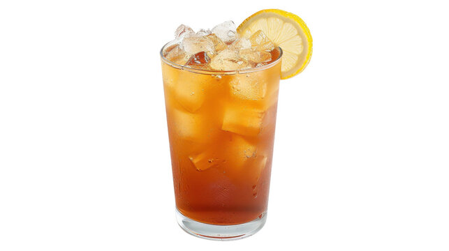 Refreshing iced tea with lemon and ice cubes on transparent background