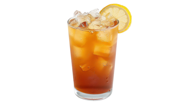Refreshing iced tea with lemon and ice cubes on transparent background
