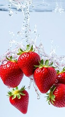  Fresh Strawberries Dipped in Crystal Clear Water, Splashing Vibrantly in the Air