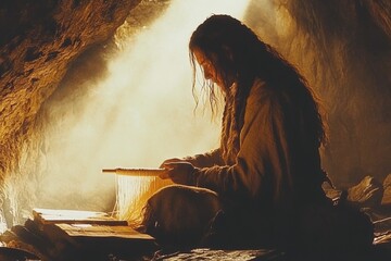 Fototapeta premium Skilled artisan weaving in a dimly lit cave during ancient times